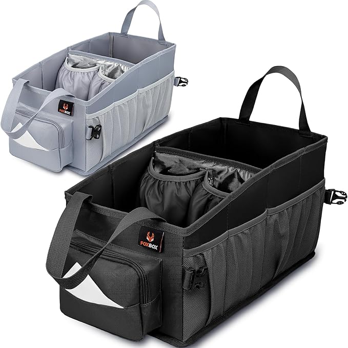 Easy-to-Reach Kids Car Organizer with Tissue Box and Cup Holder for Back Seat, Front Seat, Between Seats, Floor - Tote Car Storage Organization for Toddlers - Kids Road Trip Travel Essentials (Black)