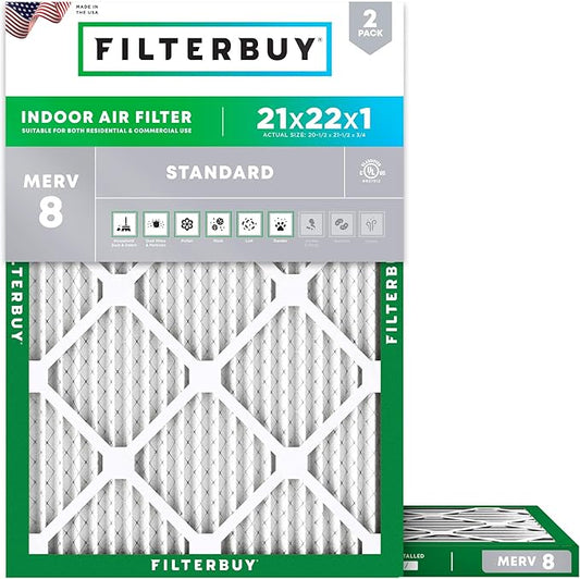 Filterbuy 21x22x1 Air Filter MERV 8 Essential Dust & Allergy Defense (2-Pack), Electrostatic Pleated HVAC AC Furnace Filters Replacement (Actual Size: 20.50 x 21.50 x 0.75)