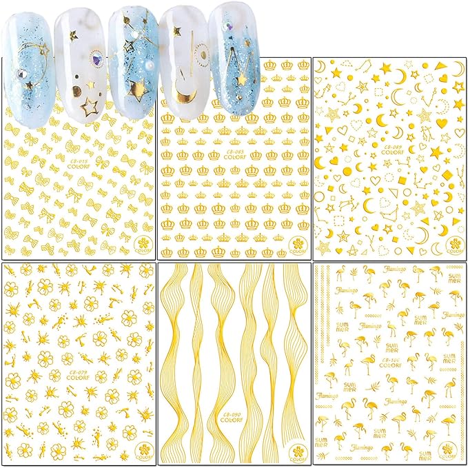 Gold Nail Art Stickers Decals, 3D Self-Adhesive Nail Glitter Design- Flowers Leaf Bow Crown Stars Moon Heart Chains Nail Art Decoration Holographic Nails Supplies for Women Girls Manicure(6 Sheets)