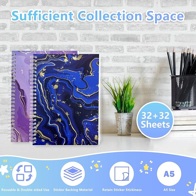 2 Pack Reusable Sticker Collecting Book Storage Album with 32+32 Sheets Blank Release Paper A5 Size Sticker Collection Holder Organizer Book for Adults (Blue+Purple)