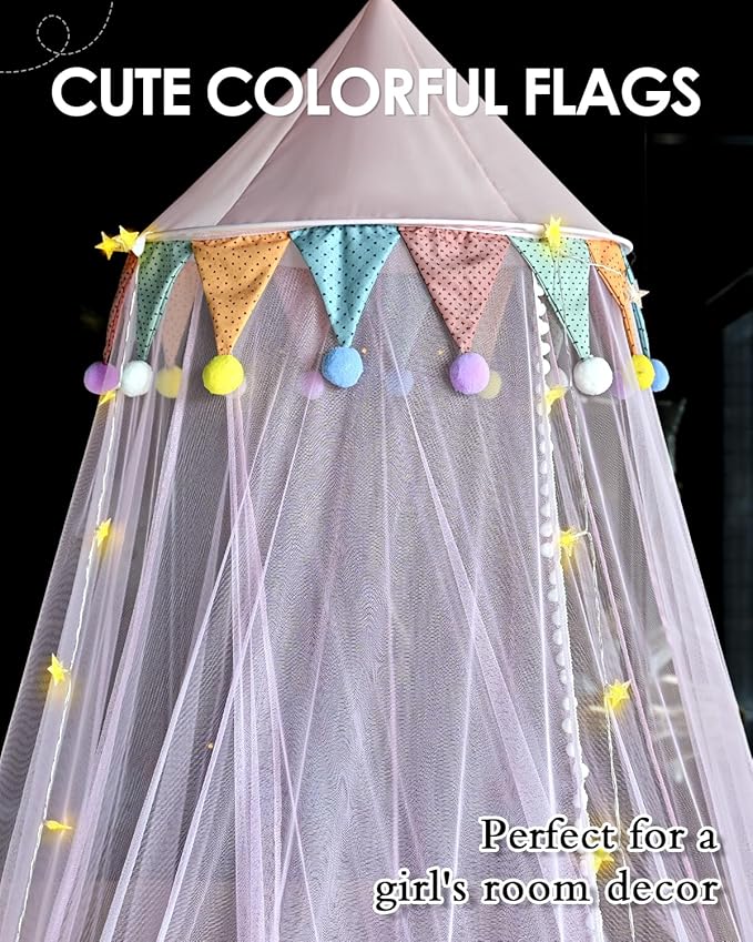 Princess Bed Canopy with Star Lights for Girls, Play Tent Canopy Bed Curtain Indoor Room Decor Stuff Gift for Kid Boys Bunk Twin Full Size Bed Reading Nook Hanging Dome Mosquito Net Pink
