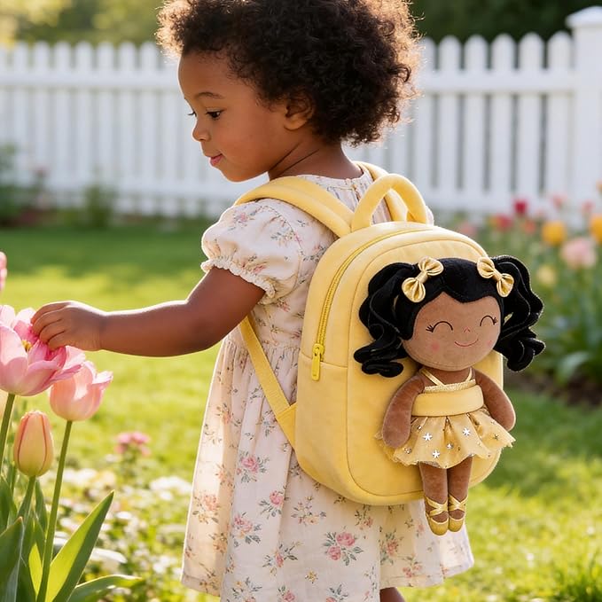 Gloveleya Toddler Backpack Baby Ballerina Girl Gifts Plush Curly Hair Ballet Backpack - Black Blonde 9 inches