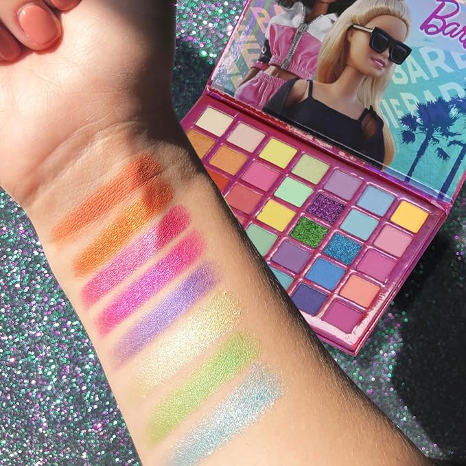 Barbie 35-Well Shadow Palette, Shimmery and Opaque Colors, Pigmented Blendable, 8 Application Brushes Ages 8+, by Townley Girl