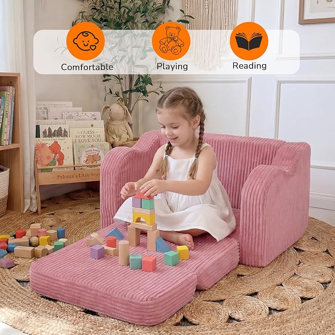 MeMoreCool Corduroy Pink Kids Chair, 2-in-1 Kids Couch Fold Out to Lounger for Girls, Comfy Foam Sofa for 1-3 Year Old with Washable Cover for Playroom and Bedroom | Playroom Seating