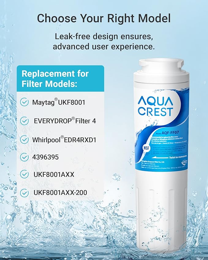 AQUA CREST UKF8001 Replacement for EveryDrop Filter 4, Whirlpool EDR4RXD1, 4396395, Maytag UKF8001P, UKF8001AXX-750, Puriclean II, 46-9006, Refrigerator Water Filter (Pack of 3)