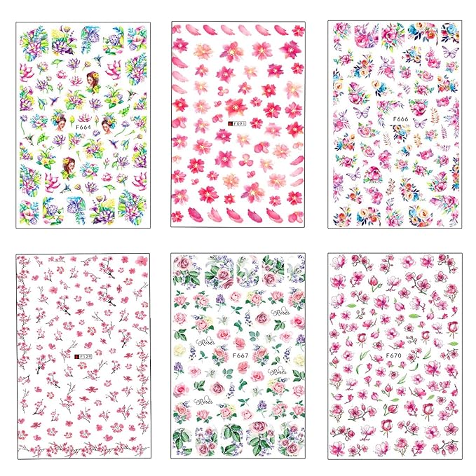 Flowers 3D Nail Decals Art Design - Holographic Peach Plum Blossom Lotus - Self-Adhesive Sticker Decoration for Women Manicure Tips Acrylic DIY Nails Art Supplies