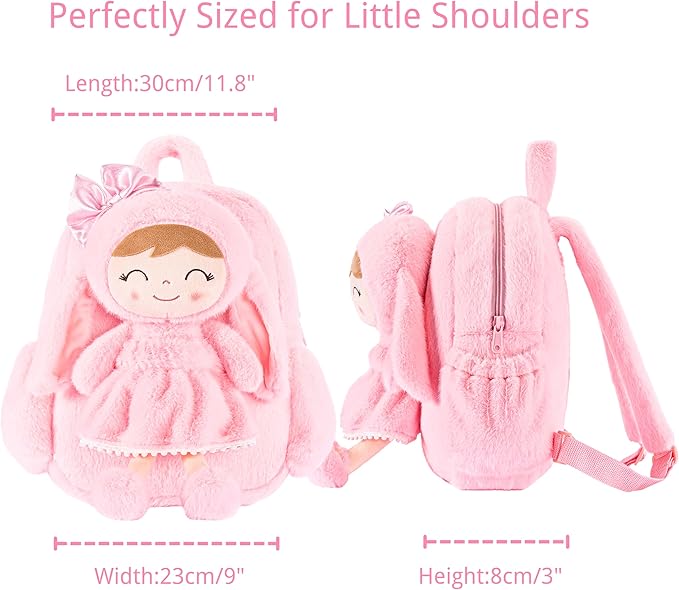 Gloveleya Toddler Backpack Plush Bag with Soft Pink Rabbit Doll Detachable Design 11inches Gift for Baby Girl 2+...