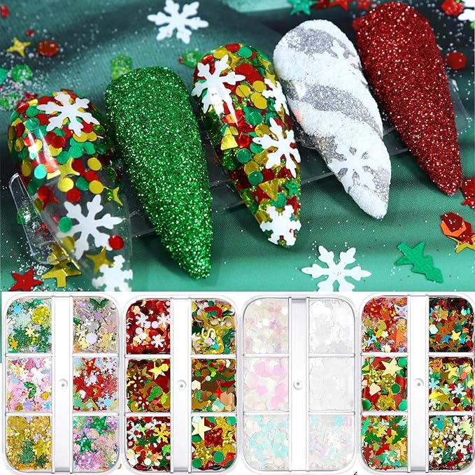 Christmas Nail Art Glitters Sequins, 4 Boxes Multicolor Holographic Lrregular Shapes Glitters Stickers Decals with Christmas Snowflake Letter Star Tree Designs for Manicure DIY Xmas Decorations