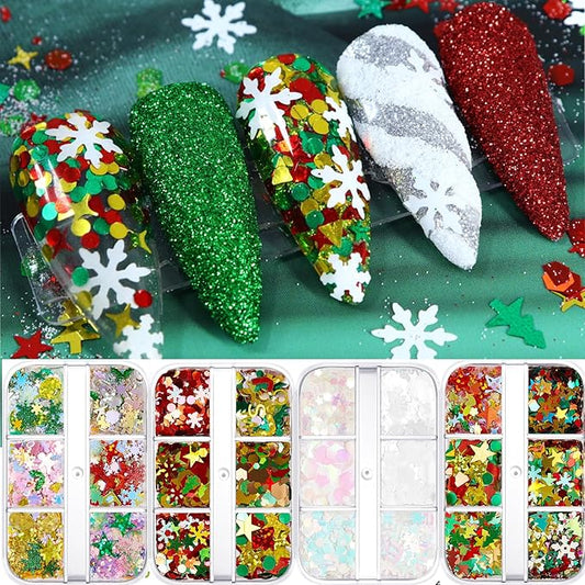 Christmas Nail Art Glitters Sequins, 4 Boxes Multicolor Holographic Lrregular Shapes Glitters Stickers Decals with Christmas Snowflake Letter Star Tree Designs for Manicure DIY Xmas Decorations
