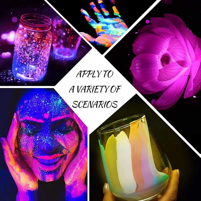 Glow in The Dark Pigment Powder 15 Jar -12 Color Glow Pigment and 3 Color Luminous Flake with UV Lamp - Epoxy Resin Luminous Powder for Slime Kit,Skin, Nail Safe Long Lasting Self Glowing Dye for DIY…