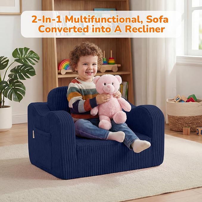MeMoreCool Toddler Corduroy Chair – 2-in-1 Foldable Sofa Bed, Navy | Ages 1–3, Lightweight & Compact, Washable Cover for Nursery & Travel