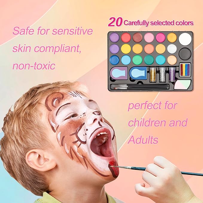 Maydear Face Painting Kit for Kids - 20 Colors Water Based Makeup Palette with Stencils, Glitters, Rainbow Split Cake, Hair Dye Clips, for Parties, Halloween, Safe Professional Body & Face Paint Kit