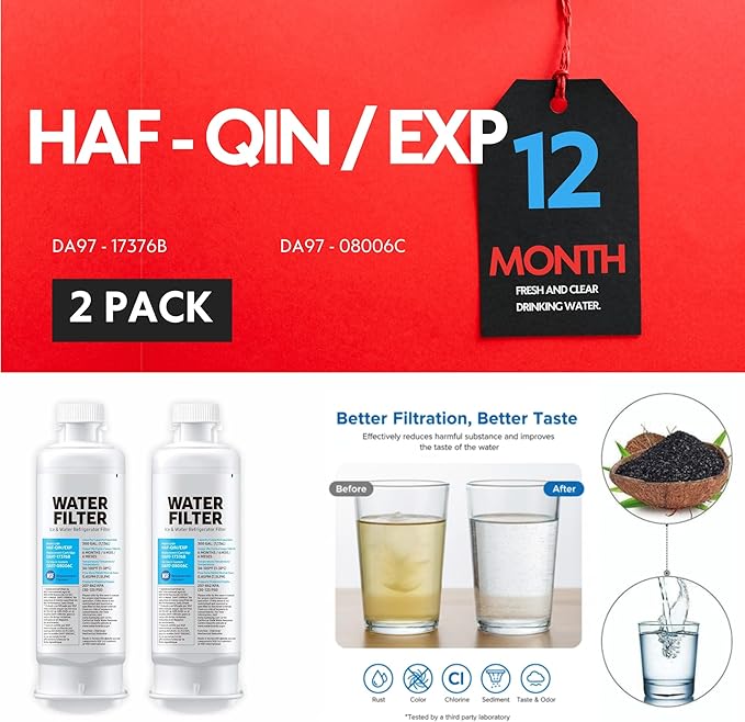 HAF-QIN/EXP DA97 Water Filter Replacement – Compatible with DA97-17376B – Carbon Block 99% Contaminant Reduction – Fresh Water & Ice – 12 Month Life 2 PACK