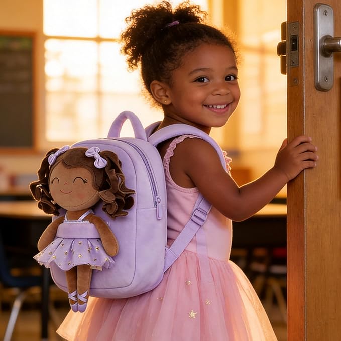 Gloveleya Toddler Backpack Baby Ballerina Girl Gifts Plush Curly Hair Ballet Backpack - Black Purple 9 inches
