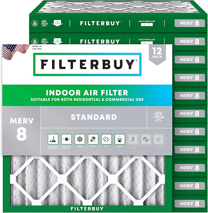 Filterbuy 10x10x2 Air Filter MERV 8 Essential Dust & Allergy Defense (12-Pack), Electrostatic Pleated HVAC AC Furnace Filters Replacement (Actual Size: 9.50 x 9.50 x 1.75)
