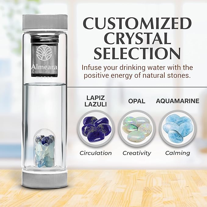 Almeara Crystal Water Bottle with Authentic Lapis Lazuli, Opal Stones & Aquamarine Removable Gemstones, Loose Leaf Tea Infuser - Relaxation, Healing & Spiritual Gifts for Women - Witchcraft Supplies