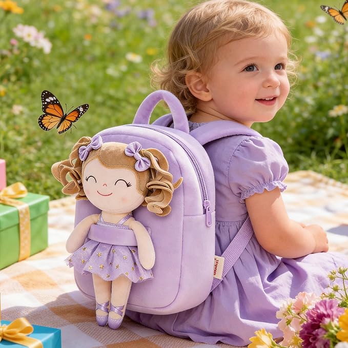 Gloveleya Toddler Backpack Baby Ballerina Girl Gifts Plush Curly Hair Ballet Backpack - White Purple 9 inches