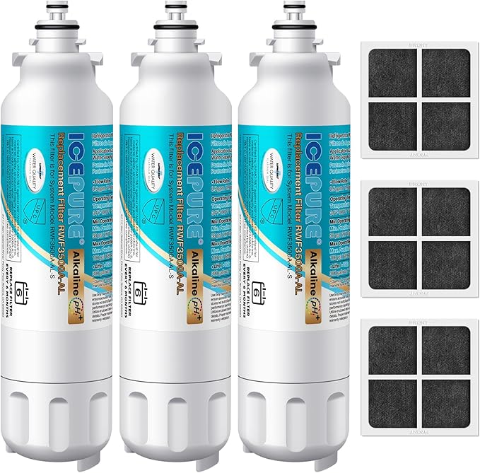 ICEPURE Alkaline ADQ73613401 Refrigerator Water Filter and Air Filter Replacement for LG LT800P, LT800PC, ADQ75795104, ADQ736134, ADQ73613402 Kenmore 9490 LSXS26326S LSXS26366S, Enhances PH, 3Combo