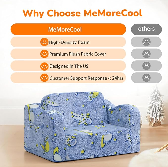 MeMoreCool Glowing Rocket Kids Chair, Glow-in-the-Dark Space Kids Couch, 2-in-1 Convertible Fold-Out Lounger with Soft Foam, Washable Cover for Boys Playroom, Denim Rocket | Reading, Lounging