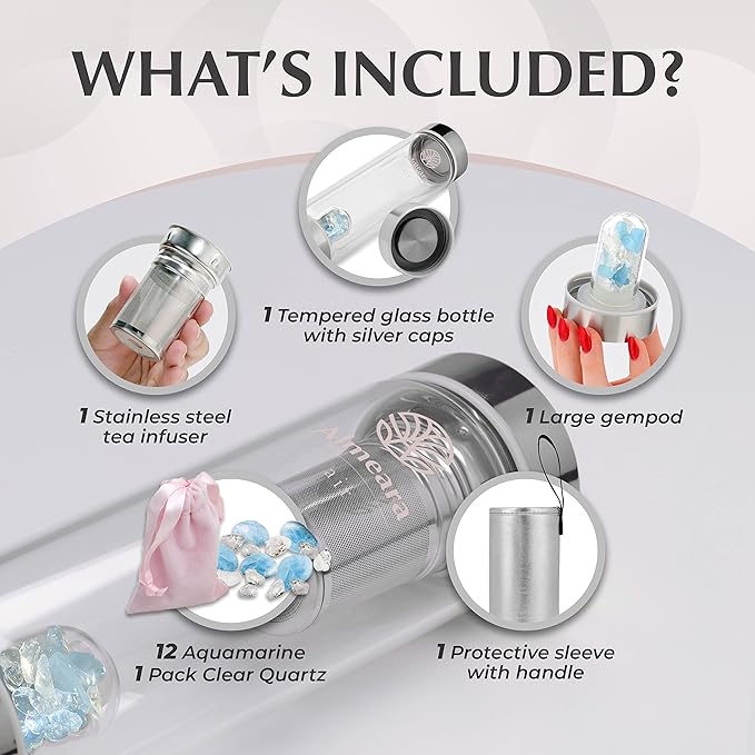 Almeara Crystal Water Bottle with Authentic Aquamarine Stones and Clear Quartz Removable Gemstones, Loose Leaf Tea Infuser - Relaxation, Healing & Spiritual Gifts for Women - Witchcraft Supplies