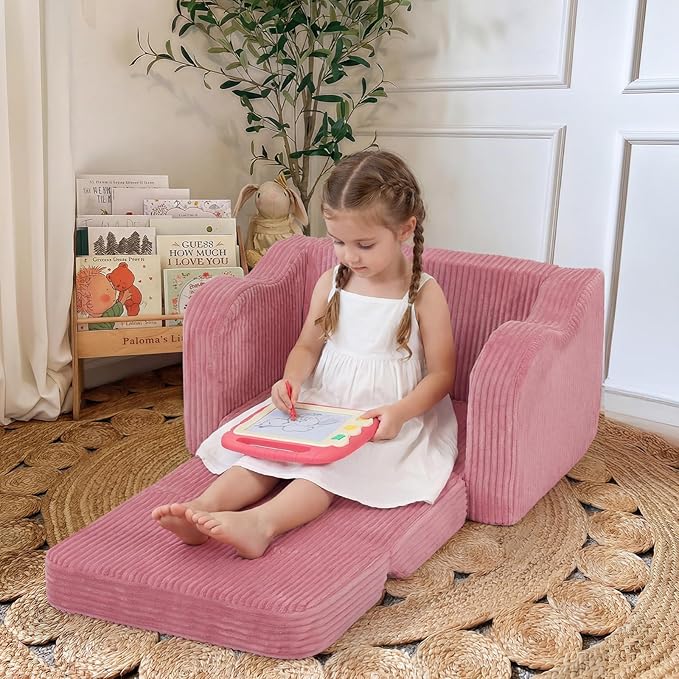 MeMoreCool Corduroy Pink Kids Chair, 2-in-1 Kids Couch Fold Out to Lounger for Girls, Comfy Foam Sofa for 1-3 Year Old with Washable Cover for Playroom and Bedroom | Playroom Seating