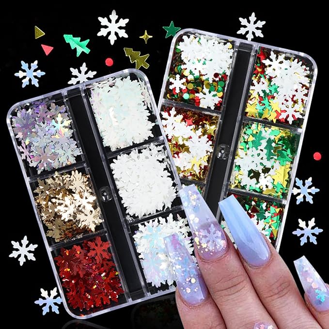 Christmas Nail Art Glitters Sequins, 4 Boxes Multicolor Holographic Lrregular Shapes Glitters Stickers Decals with Christmas Snowflake Letter Star Tree Designs for Manicure DIY Xmas Decorations