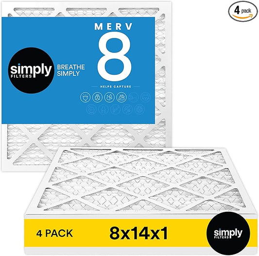 Simply 8x14x1 Air Filter, Merv 8, 4 Pack, For Home AC Furnace & HVAC (Actual Size: 7.75"x13.75"x0.75") DUST, Pet, & Allergy Control