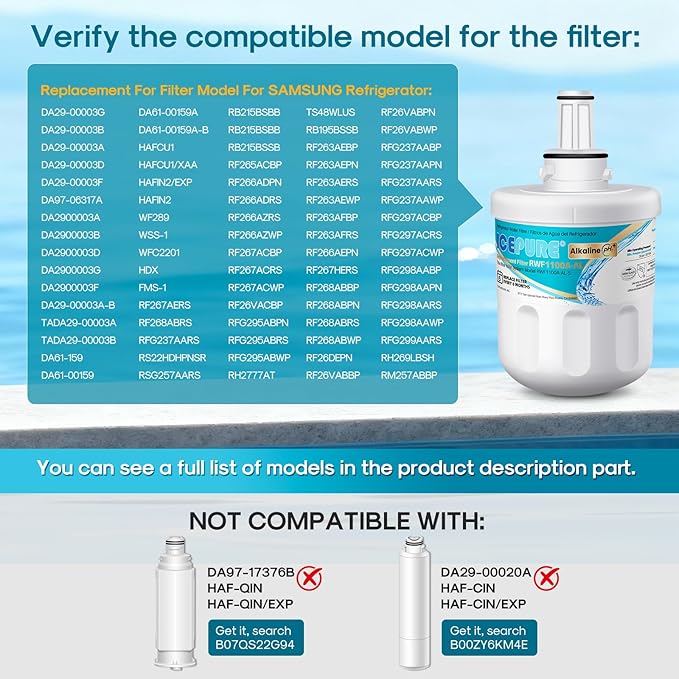 ICEPURE Alkaline DA29-00003G Refrigerator Water Filter Replacement for Samsung DA29-00003A, DA29-00003B, Aqua-Pure Plus, HAFCU1, FMS-1 WSS-1 WF289 RFG237AARS RS22HDHPNSR RSG257AARS, Enhances PH, 2Pack
