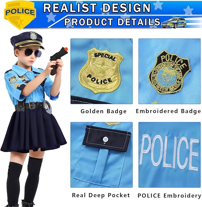 Police Costume for Girls Kid Halloween Costumes Police Officer Cosplay Outfit Toddler Cop Costume Set with Accessories