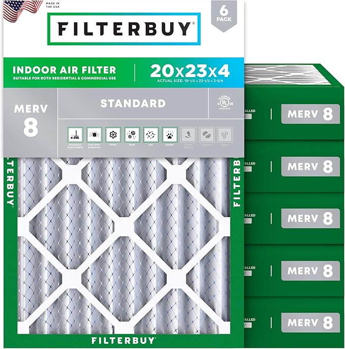 Filterbuy 20x23x4 Air Filter MERV 8 Essential Dust & Allergy Defense (6-Pack), Electrostatic Pleated HVAC AC Furnace Filters Replacement (Actual Size: 19.50 x 22.50 x 3.63)