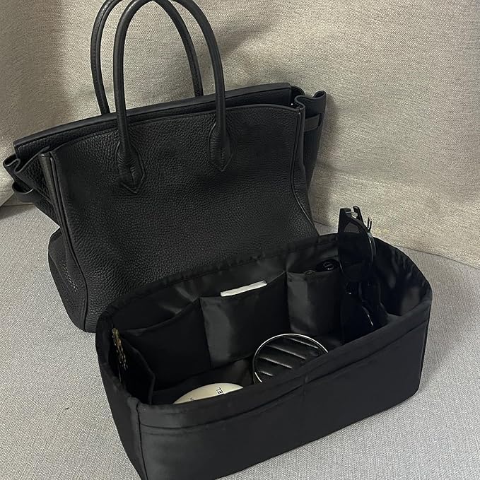 Purse Organizer Insert for Birkin 30, Lightweight & Soft Satin Organizer Insert with Pockets for Woman Bags, Ideal for Travel, Shopping, and Daily Use, Multicolor Options(Black, BK30 Sellier)