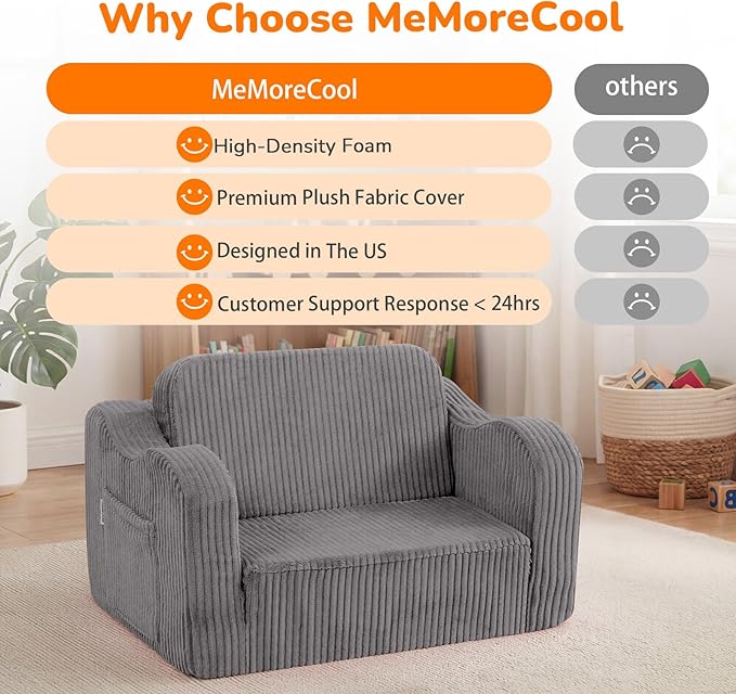 MeMoreCool Toddler Chair Comfy for 1-3 Years Old, Corduroy Kids Couch Bed Fold Out, 2-in-1 Foldable Baby Lounge Chair, Pull Out Children Sofa Bed, Light Grey