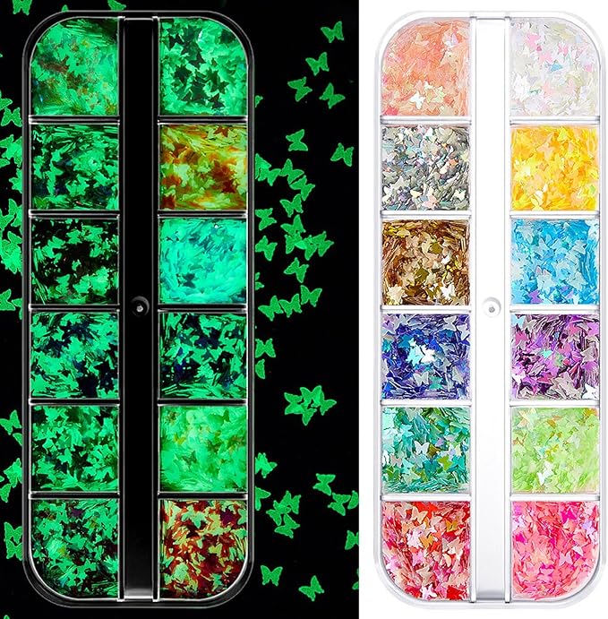 12 Grids Luminous Nail Art Glitter Powder, Glow in The Dark Nail Art Sequins with Butterfly Shape Designs, Night Holographic Fluorescent Nails Mix Pigment Supplies for Women Girls Glow Decorations