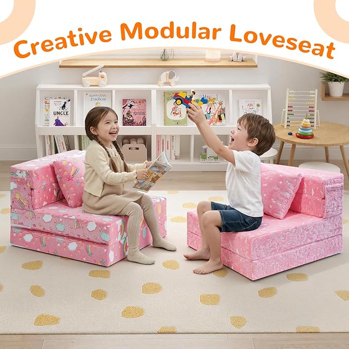 MeMoreCool Glow Pink Unicorn Tri-fold Sofa Bed for Kids, Foldable Futon Chair and Floor Couch, Convertible Trifold Mattress for Playroom