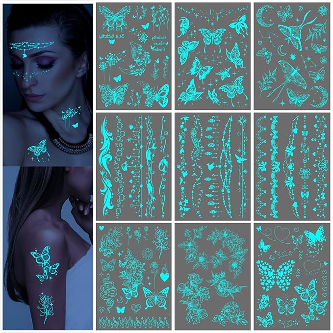 Realistic Butterfly Blue Glow in the Dark Tattoo Temporary for Adult Women, Luminous Flower Butterfly Leaf Face Fake Tattoo Sticker Girl Arm Hand, Sexy Floral Moth Temp Tatoo Body Art Makeup, 9-Sheet