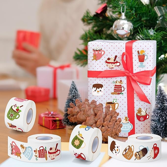 CNhoqc Christmas Cocoa Sticker Rolls - 2000Pcs Winter Hot Cocoa Mug Marshmallow Waterproof Vinyl Decal Reusable Laptop Sticker Scrapbook Water Bottle Junk Journal Party Supplies Skateboard Travel Case