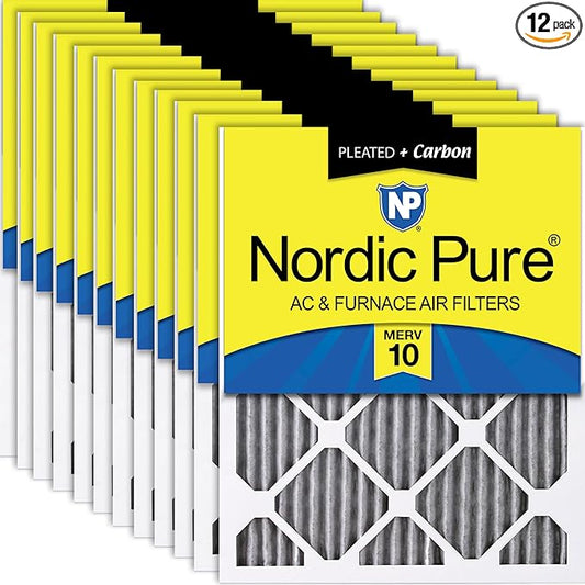 Nordic Pure 16x25x1 (Actual Size: 15 1/2 x 24 1/2 x 3/4) Furnace Air Filters MERV 10 Pleated Plus Carbon 12 Pack