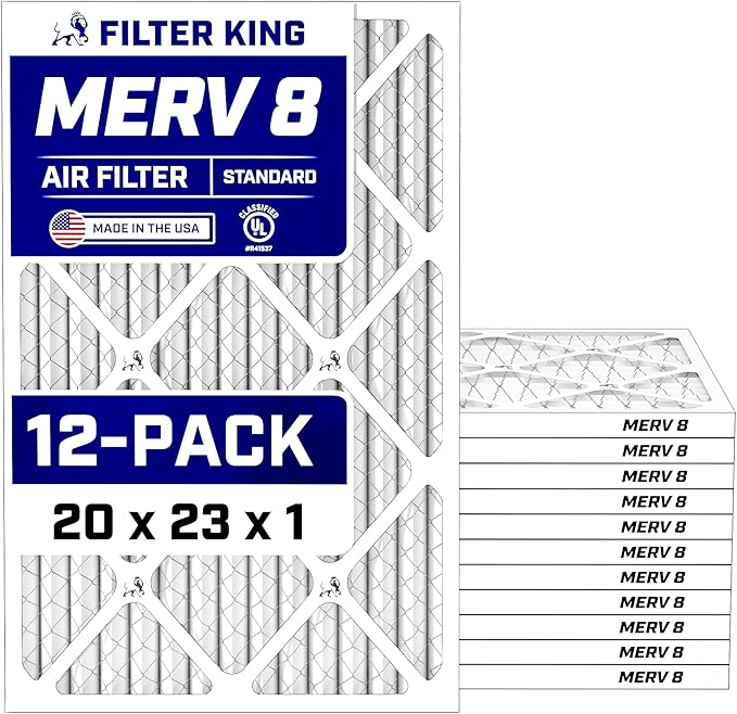 Filter King 20x23x1 Air Filter (MERV 8) (12-Pack) Dust & Allergy Control AC Furnace Filters, MADE IN USA, HVAC, Pleated, Electrostatic (Actual Size: 19.5 x 22.5 x .75)