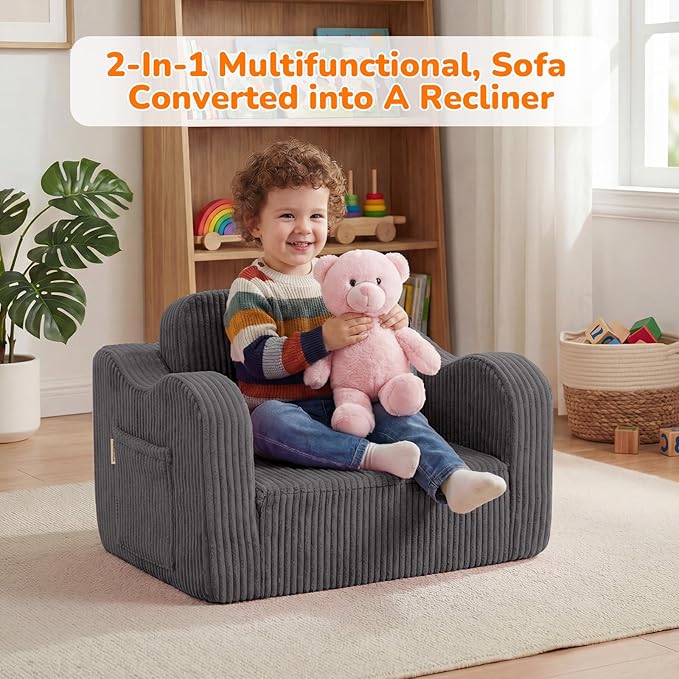 MeMoreCool Toddler Chair Comfy for 1-3 Years Old, Corduroy Kids Couch Bed Fold Out, 2-in-1 Foldable Baby Lounge Chair, Pull Out Children Sofa Bed, Dark Grey
