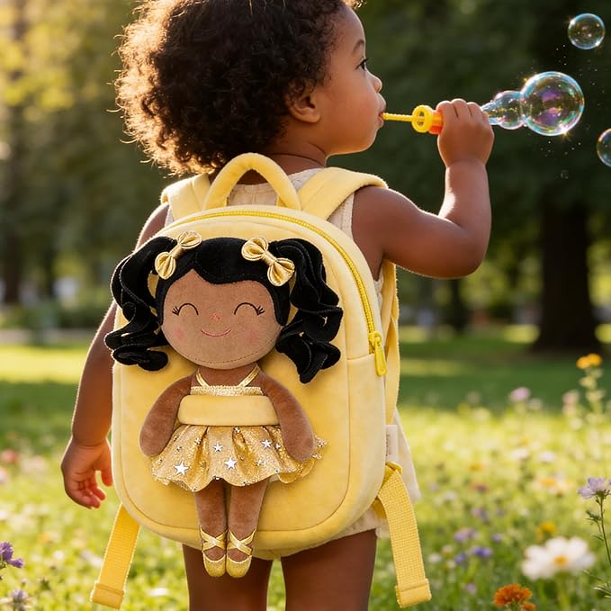 Gloveleya Toddler Backpack Baby Ballerina Girl Gifts Plush Curly Hair Ballet Backpack - Black Blonde 9 inches