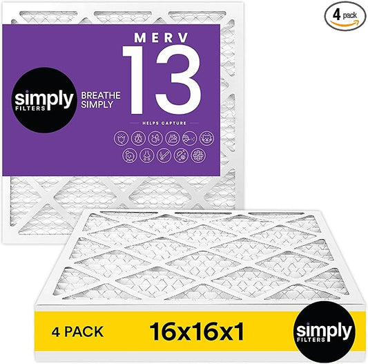 Simply 16x16x1 Air Filter, MERV 13, 4 Pack, For Home AC Furnace & HVAC (Actual Size: 15.75"x15.75"x0.75") DUST, Pet, & Allergy Control
