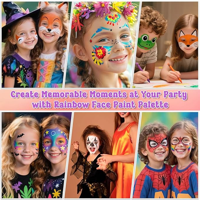 Kids Face Painting Kit with Organizer Box - Rainbow Color Non Toxic & Washable Face Paint Set with Stencils, Brush & Gems Kids Party Makeup for Halloween, Carnival & Costume