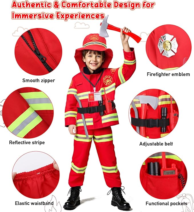 LOYO Firefighter Costume for Kids - Fireman Halloween Costumes for Toddler Boy, Dress Up Clothes for Kids 3-12 Pretend Play