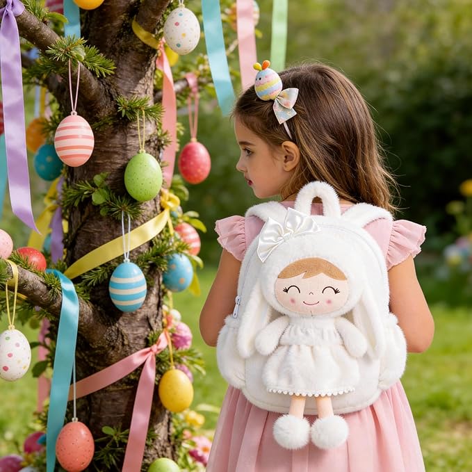Gloveleya Toddler Backpack Plush Bag with White Bunny Detachable Design 11-inch Gift for Girl