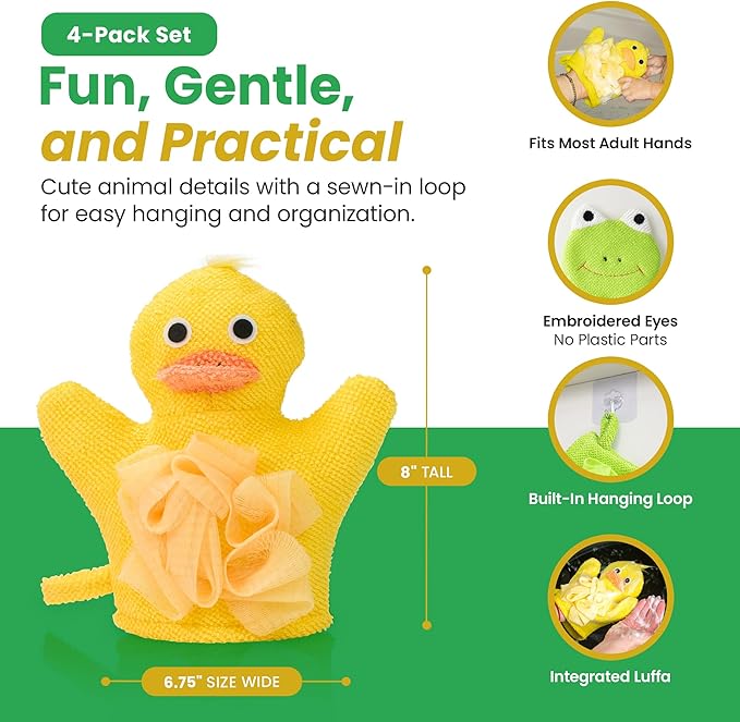 Made Easy Kit Hand Puppet Bath Wash Mitt Towel with Animal Designs with Loofahs for Fun Interactive Bathing Time (Green Yellow Pink Blue)