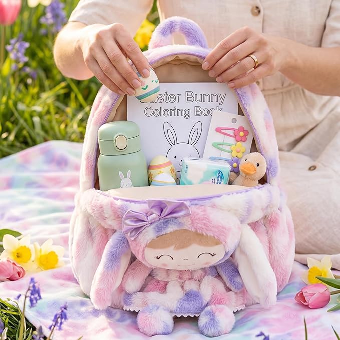 Gloveleya Back to School Gifts for Girls Backpack Plush Diaper Bag Detachabale Doll Tie-dye Purple and Soft Rabbit Design Aged 2+