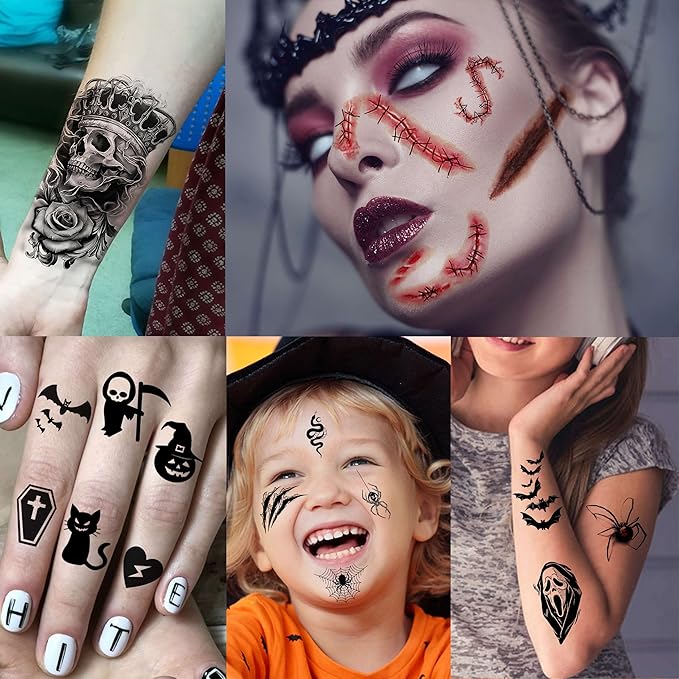 236+ PCS 45 Sheets Halloween Temporary Tattoos For Kids Zombie Makeup Kits 3D Bats Spider Web Witch Small Black Ghost Pumpkin Face Stitches Fake Scar Tattoo Stickers For Women Adult Men Skull