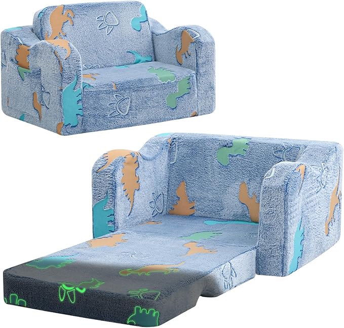 MeMoreCool Glowing Dinosaur Kids Chair, Glow-in-the-Dark Kids Couch for Boys Ages 1-3, 2-in-1 Convertible Fold-Out Sofa with Soft Foam and Washable Cover for Playroom and Reading | Living Room, Travel
