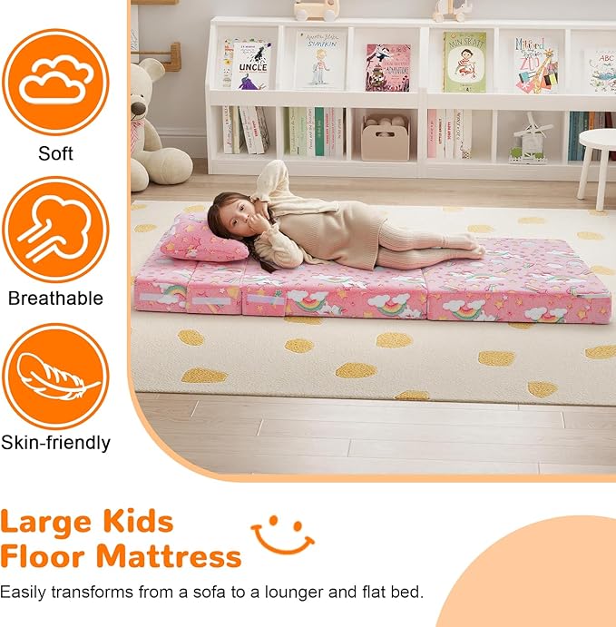 MeMoreCool Glow Tri-fold Sofa Bed for Kids, Folding Futon Mattress and Chair, Foldable Floor Couch for Playroom and Trifold Mattress for Sitting