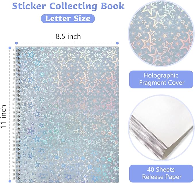 Large Reusable Sticker Book Collecting Album 8.5×11 Inch Sticker Storage Collection Organizer Book for Adult with 40 Sheets Letter Size Blank Release Paper and Holographic Cover (Star)